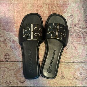 Tory Burch Black and Gold Slide Sandals